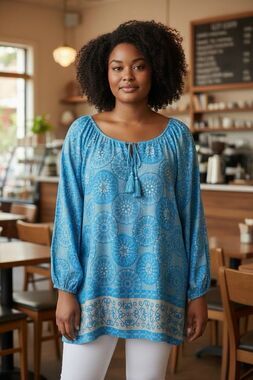 Amanda Blu Tunic Top XXLarge Blue Gray Lightweight Long Sleeve BOHO EUC